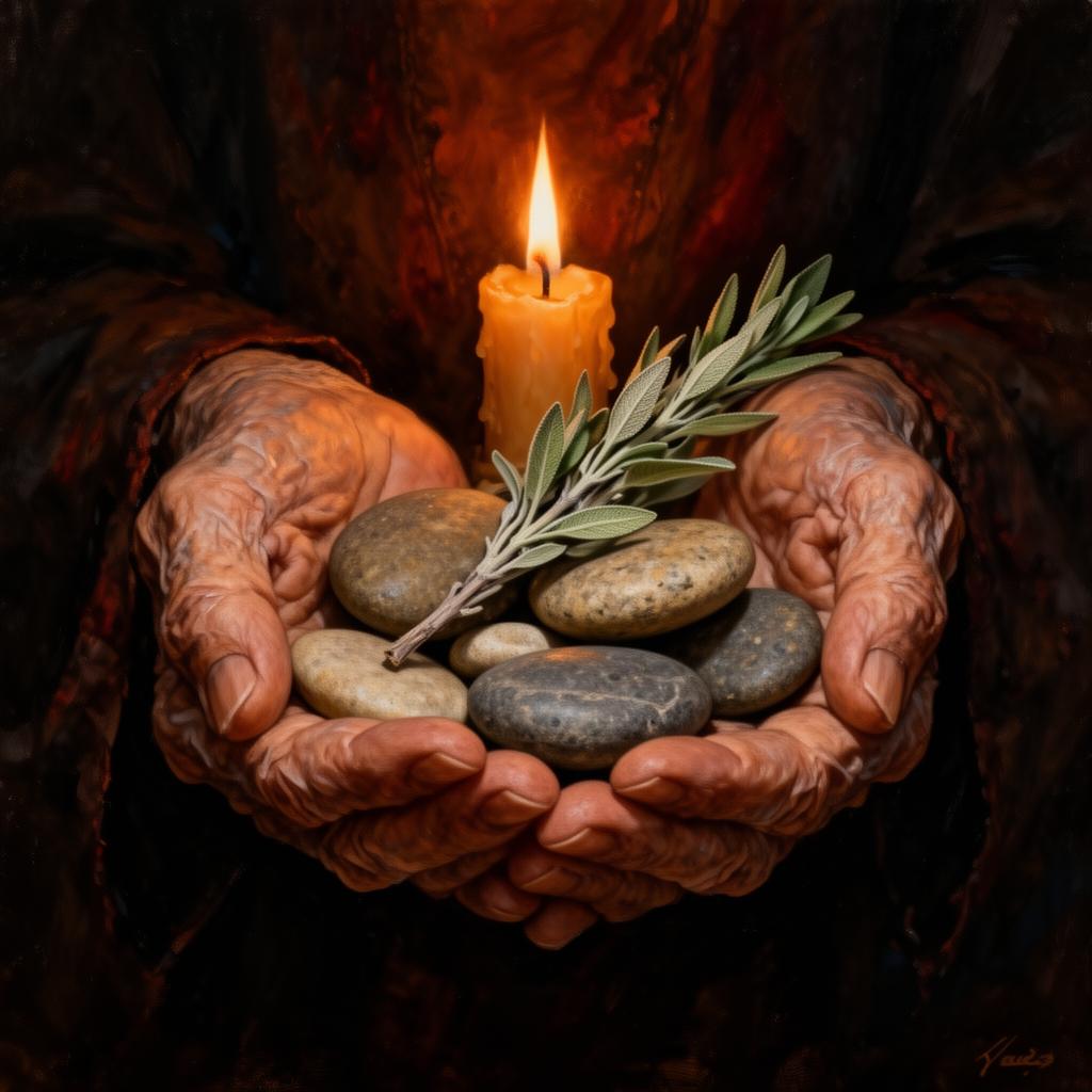 Elder hands cradling river stones and sage by candlelight