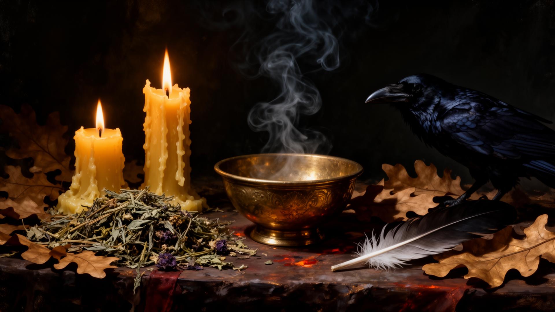 Candlelit altar with beeswax candles, dried herbs, brass bowl, and raven